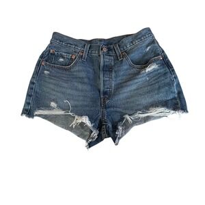 Levis 501 Original High Rise Cut Off Denim Shorts Blue Distressed